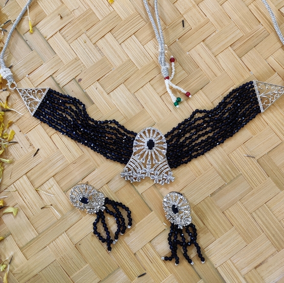 Jewelit Jewelry - American diamonds Onyx Beads Chokar set